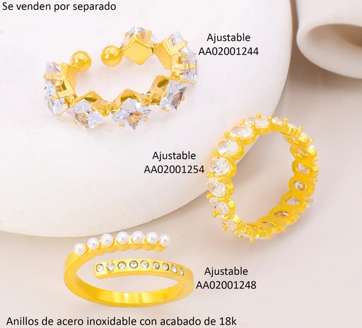 [AA02001244] ANILLO ACERO INOX. ACABADO 18K. AJUSTABLE ZIRC ROMBOS CRISTAL P25070124002