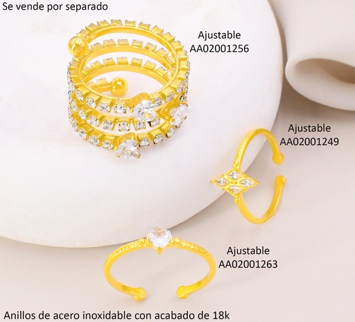 [AA02001249] ANILLO ACERO INOX. ACABADO 18K. AJUSTABLE ZIRC. ROMBO CRISTAL P25070140003
