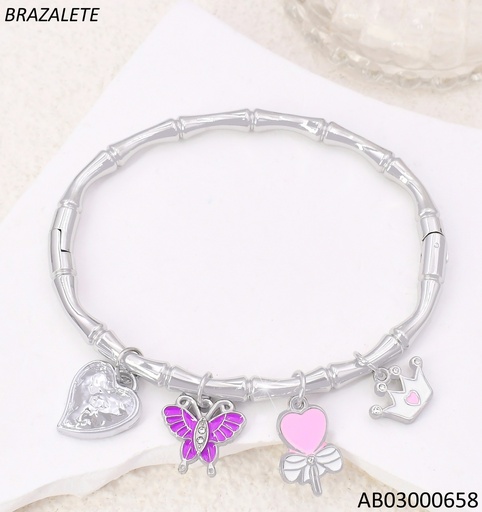 [AB03000658] BRAZALETE PLAT BAMBOO  CORAZONES/MARIPOSA/CORONA BA2295-45
