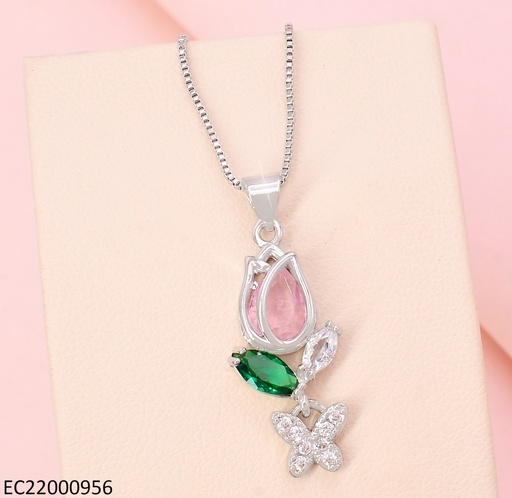 [EC22000956] CADENA PLATEADO TULIPAN ZIRC. ROSADO VERT. CE420-9