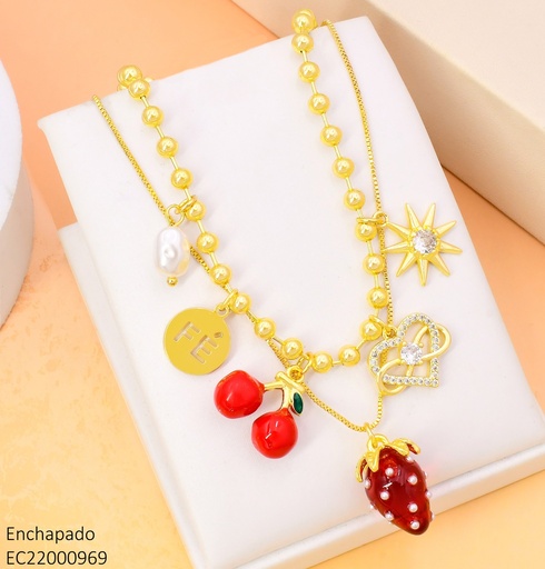 [EC22000969] CADENA DOBLE PELOTITAS/FRESAS/FE/CEREZAS/CORAZON CE439-9