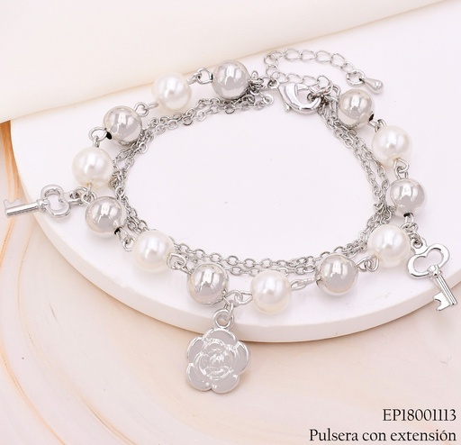 [EP18001113] PULSERA PLAT.DOBLE PELOTAS/PERLAS-DIJES 🗝️🏵️BE581-9