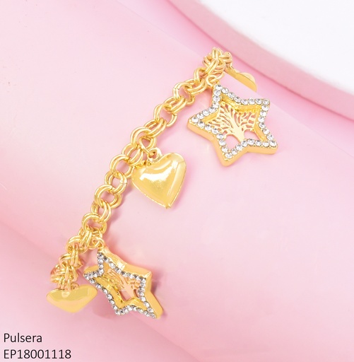 [EP18001118] PULSERA DORADA CORAZON INLFLADO/ESTRELLAS ZIRC. BE594-9