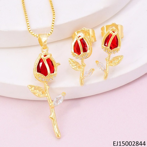 [EJ15002844] SET DORADO TULIPAN ROJO / HOJA ZIRC. CRISTAL  SE1143-104 (TLP)