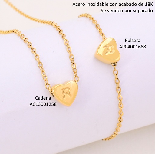 [AC13001258] CADENA CORAZON INICIAL "R" ACERO INOX. ACABADO 18K.P25070028018