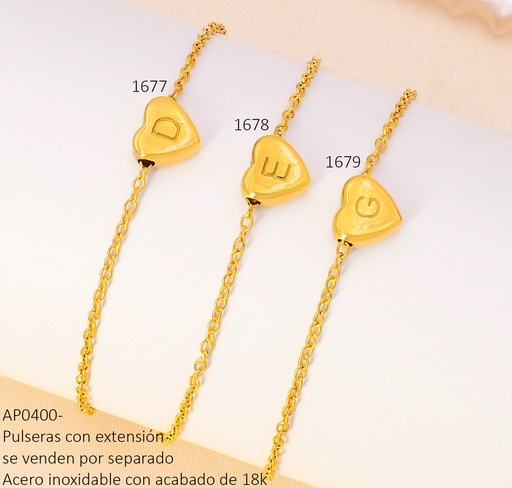 [AP04001678] PULSERA DIJE CORAZON INICIAL "E" ACERO INOX.ACABADO 18K.P25070005006