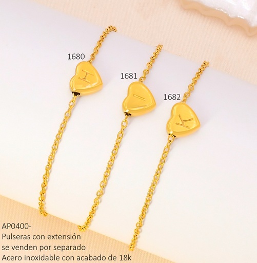 [AP04001680] PULSERA DIJE CORAZON INICIAL "H" ACERO INOX.ACABADO 18K. P25070005009