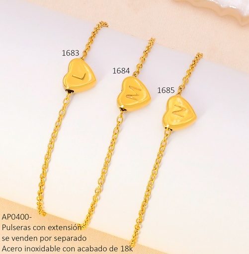 [AP04001685] PULSERA DIJE CORAZON INICIAL "N" ACERO INOX.ACABADO 18K. P25070005015