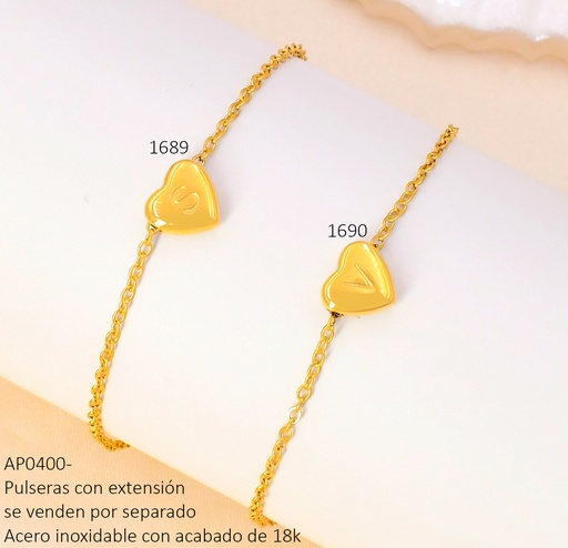 [AP04001689] PULSERA DIJE CORAZON INICIAL "S" ACERO INOX.ACABADO 18K.P25070005020