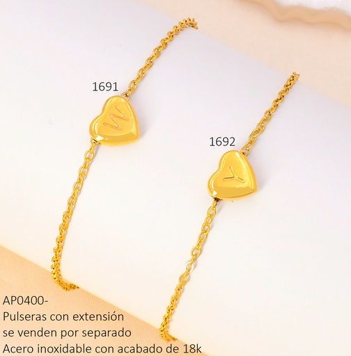[AP04001692] PULSERA DIJE CORAZON INICIAL "Y" ACERO INOX.ACABADO 18K. P25070005026