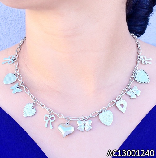 [AC13001240] CADENA PLATEADA DIJES LAZOS/CORAZONES/MARIPOSA CA476-45
