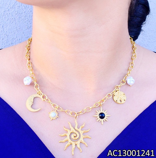 [AC13001241] CADENA DOR DIJES LUNA/SOL/ESTRELLAS/PERLA CA477-45