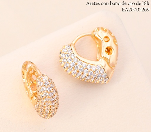 [EA20005269] ARETES BAÑO DE ORO 18K CROQUI CORAZON ZIRC./LISO