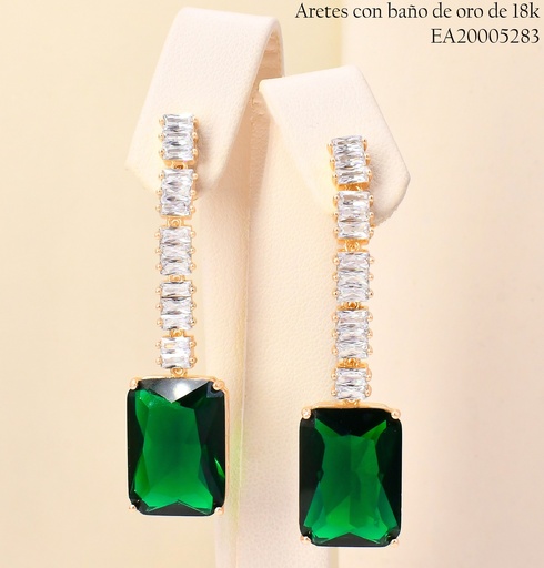 [EA20005283] ARETES BAÑO DE ORO 18K LINEA ZIRC.RECT.C/RECT.VERDE