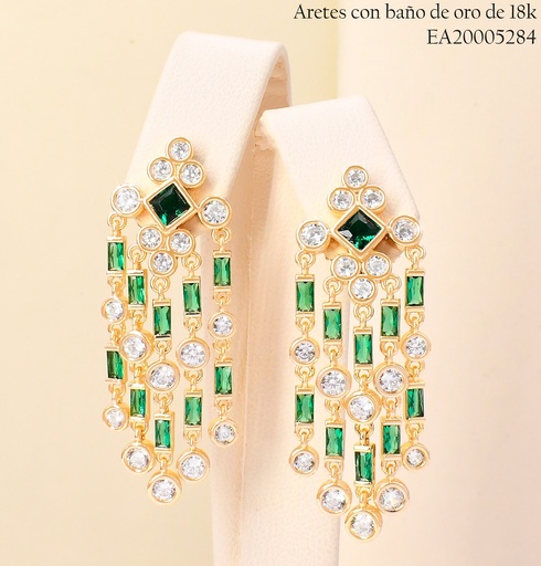 [EA20005284] ARETES BAÑO DE ORO 18K ROMBO ZIRC./CENTRO VERDE