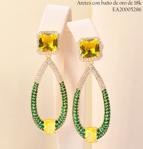[EA20005286] ARETES BAÑO DE ORO 18K ROMBO AMARILLO/OV ZIRC-VERDE