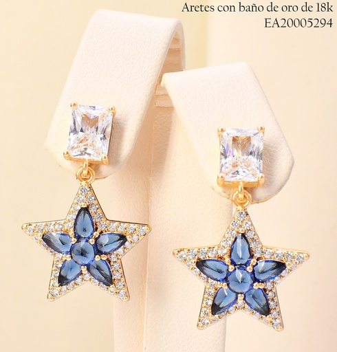 [EA20005294] ARETES BAÑO DE ORO 18K ZIRC.RECTANG C/ESTRELLA