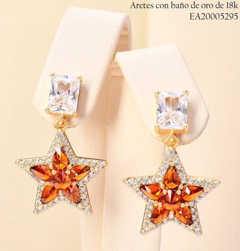 [EA20005295] ARETES BAÑO DE ORO 18K ZIRC.RECTANG C/ESTRELLA NARANJA