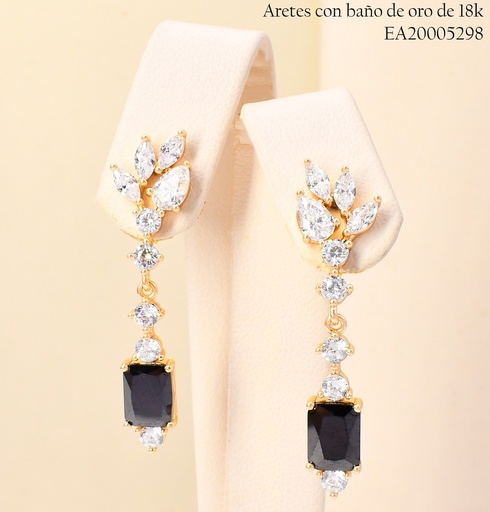 [EA20005298] ARETES BAÑO DE ORO 18K RAMITAS ZIRC./RECTANG.VERT NEGRA