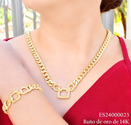 [ES24000023] SET CADENA-PULSERA BAÑO DE ORO 14K MART/CUADRO