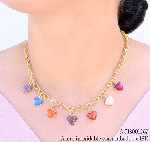 [AC13001267] CADENA ACERO INOX. ACABADO 18K.DIJES CORAZONES  COL