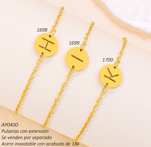 [AP04001700] PULSERA ACERO INOX. ACABADO 18K DORADA DIJE RD LETRA "K" P25061367012