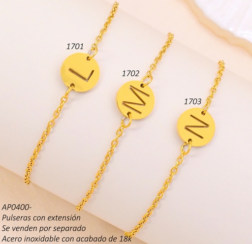[AP04001701] PULSERA ACERO INOX. ACABADO 18K DORADA DIJE RD LETRA "L" P25061367013