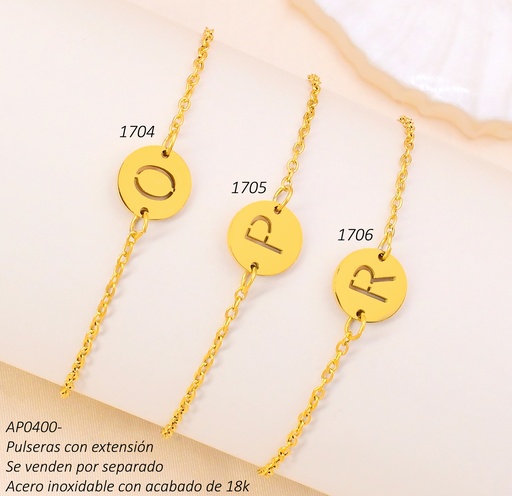 [AP04001704] PULSERA ACERO INOX. ACABADO 18K DORADA DIJE RD LETRA "O" P25061367016