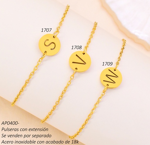 [AP04001708] PULSERA ACERO INOX. ACABADO 18K DORADA DIJE RD LETRA "V" P25061367023