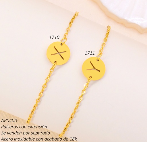 [AP04001710] PULSERA ACERO INOX. ACABADO 18K DORADA DIJE RD LETRA "X" P25061367025