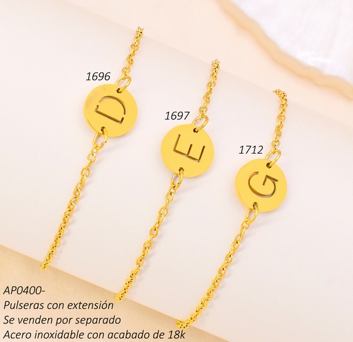 [AP04001712] PULSERA ACERO INOX. ACABADO 18K DORADA DIJE RD LETRA "G" P25061367008