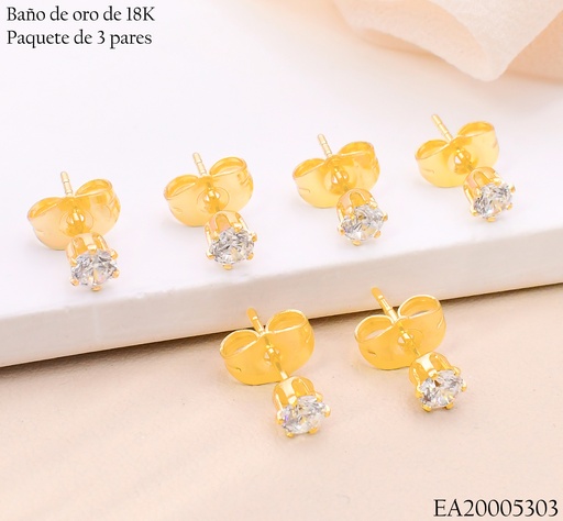 [EA20005303] PAQ.3 PARES TOPITOS BAÑO DE ORO 18K. ZIRC. RD SURT. 4N N6188 (X)