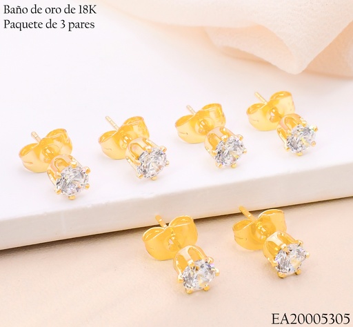 [EA20005305] PAQ.3 PARES TOPITOS BAÑO DE ORO 18K. ZIRC. RD SURT. 6N N6189 (X)