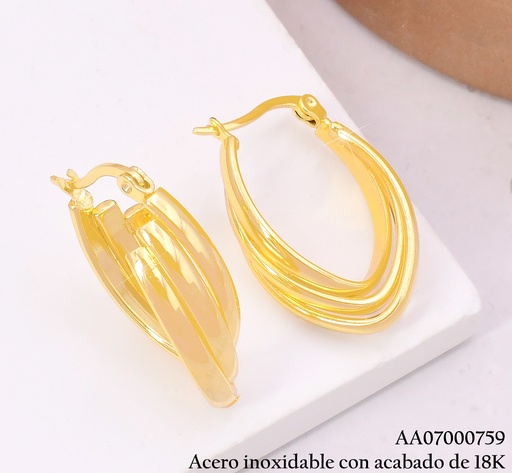 [AA07000759] ARGOLLAS ACERO INOX. ACABADO 18K. OVALDA 3 LINEAS P25070177001