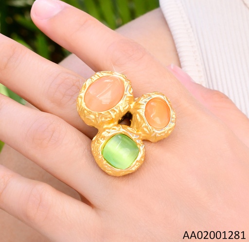 [AA02001281] ANILLO DOR PIEDRAS OVALADAS SALMON & NARANJA / CUADRADA VERDE  RA612-305
