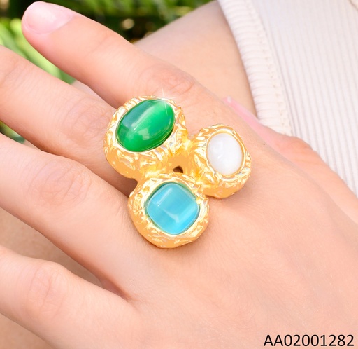 [AA02001282] ANILLO DOR PIEDRAS OVALADAS VERDE & CELESTE /CUADRADA CREMA RA613-305