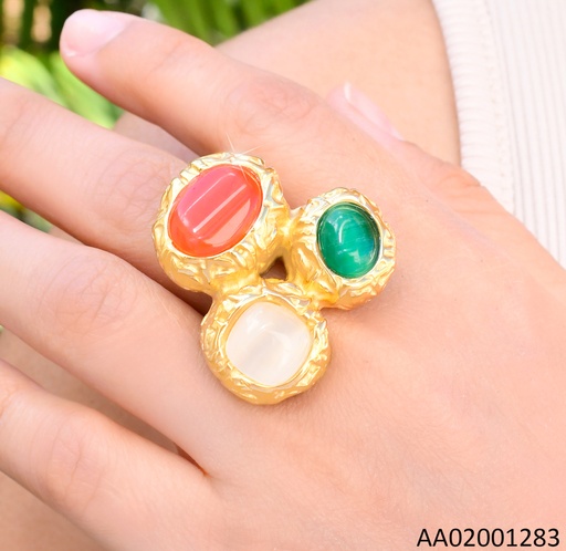 [AA02001283] ANILLO DOR PIEDRAS OVALADAS VERDE & NARANJA  /CUADRADA CREMA RA614-305