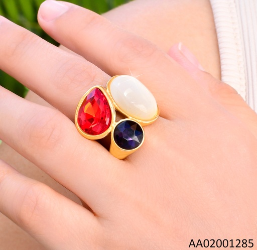 [AA02001285] ANILLO DORADO PIEDRA OV. CREMA / ZIRC ROJA & NEGRA RA618-305