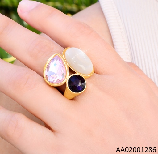 [AA02001286] ANILLO DORADO PIEDRA OV. CREMA / ZIRC ROSA & NEGRA RA619-305