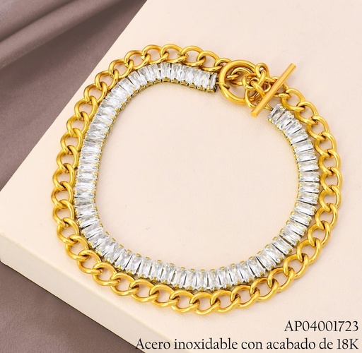 [AP04001723] PULSERA ACERO INOX. ACABADO 18K. CADENA/ZIRC. RECT. CRISTAL/ 🚫 P2507005200