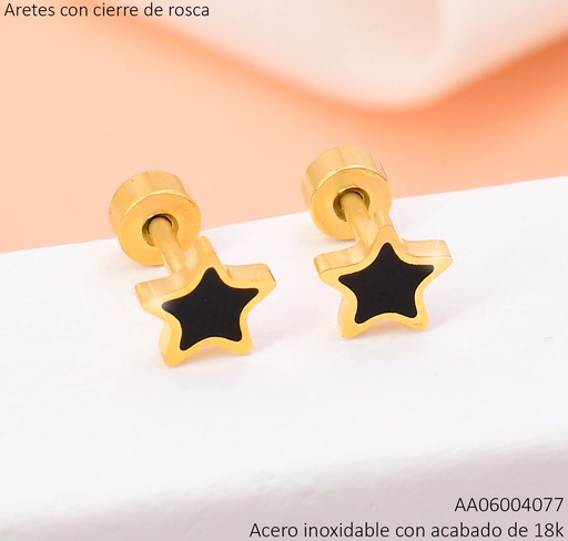 [AA06004077] ARETES ACERO INOX. ACABADO 18K. ESTRELLA NEGRA CIERRE ROSCA P25070209002