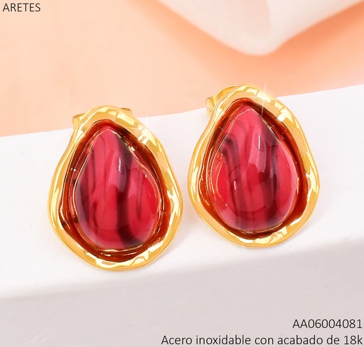 [AA06004081] ARETES ACERO INOX. ACABADO 18K. GOTA ROJA IRREG. P25070027002