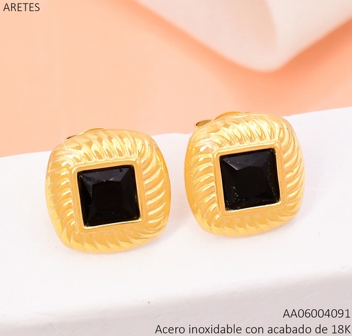 [AA06004091] ARETES ACERO INOX. ACABADO 18K. CUADRADO ZIRC. INCRUSTADA NEGRA P25070211002