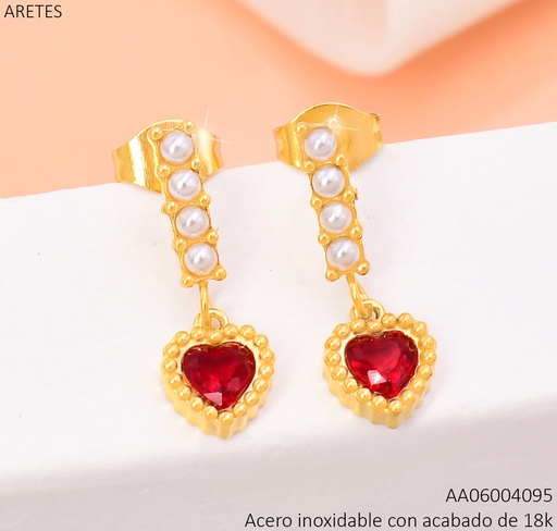 [AA06004095] ARETES ACERO INOX. ACABADO 18K. LINEA 4 PERLAS / CORAZON ROJO P25070202001