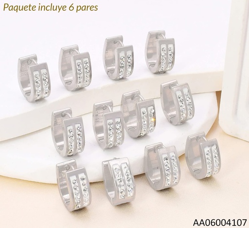 [AA06004107] PAQ. 6 PARES ARETES HUGGIES 2 LINEAS ZIRC. CRISTAL 003-S5610-100