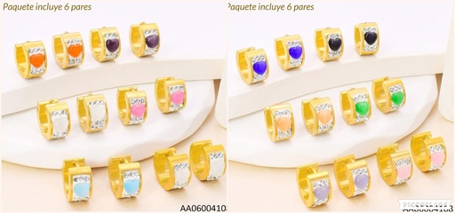 [AA06004108] PAQ. 6 PARES ARETES HUGGIES PIEDRAS CORAZON COL SURT. 0015001142501