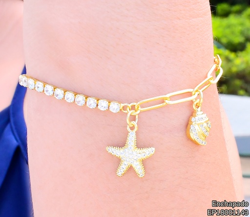 [EP18001143] PULSERA DORADA DOBLE  ESLAB. ALARGADO/ ZIRC / ESTRELLAS  G168-836