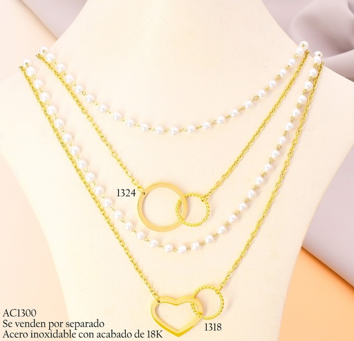 [AC13001324] CADENAS ACERO INOX. ACABADO 18K. DOBLE TRAD/PERLAS CIRCULOS ENTRELAZADOS P25070061001