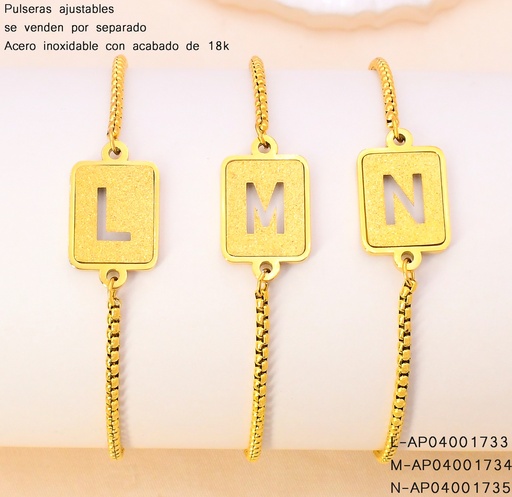 [AP04001735] PULSERA AJUSTABLES ACERO INOX. ACABADO 18K. CUADRO LETRA "N"  P25070036014