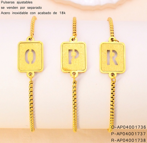 [AP04001738] PULSERA AJUSTABLES ACERO INOX. ACABADO 18K. CUADRO LETRA "R"  P25070036018